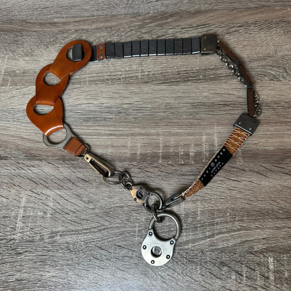 Suzi Roher Mixed Media Leather Chain Padlock Belt Brown Gunmetal Small Plus